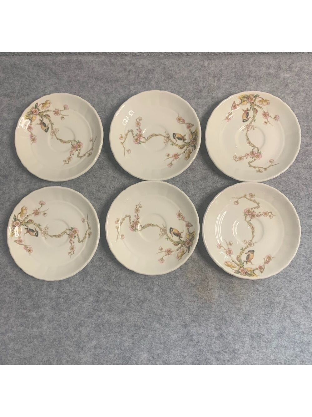 Grindley England Set of Six China Saucers Birds Floral In Great Condition.